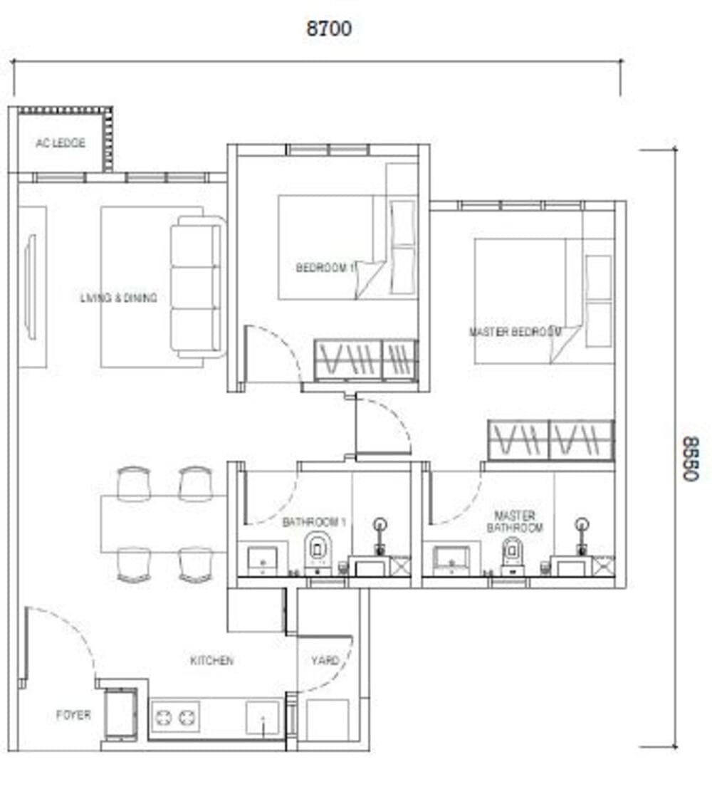 Type D layout – 667sf 2-bedroom 2-bathroom apartment near Johor RTS