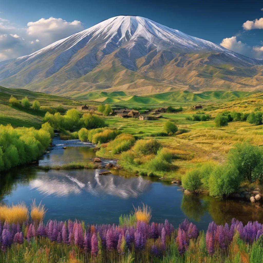 a mountain scene with a river and a mountain in the background