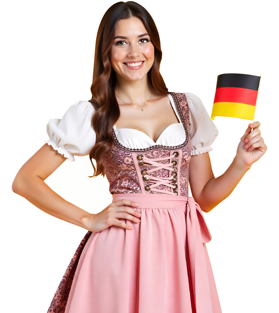 a woman in a pink dress holding a german flag
