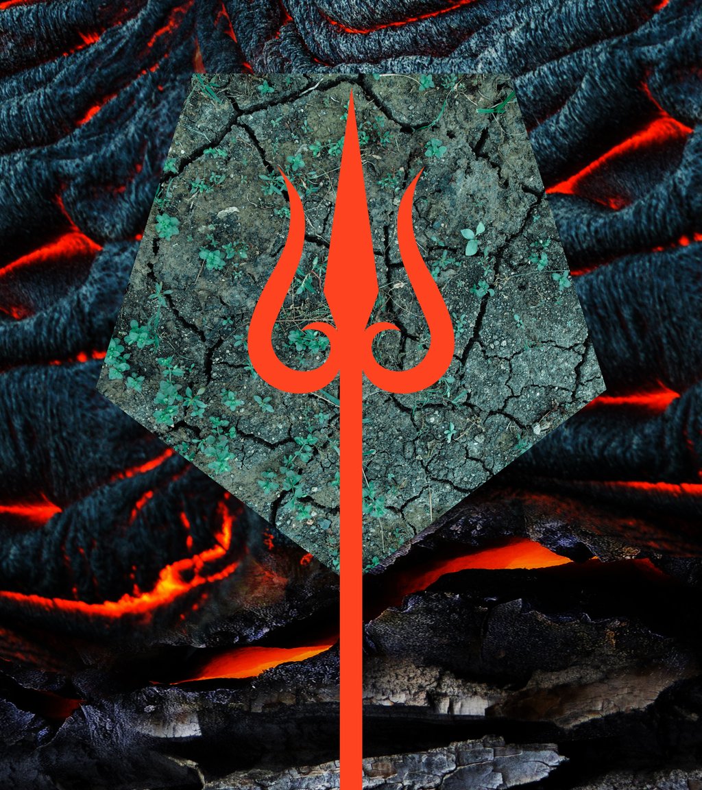 Red trident overlaid on cracked earth and growing sprouts with glowing hot lava in the background.