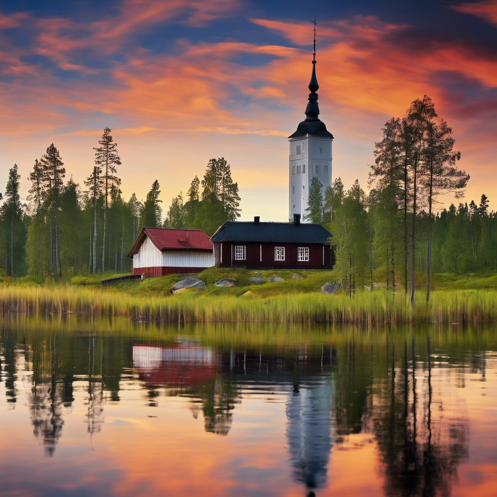 a lighthouse tower with a red sky and trees in the background