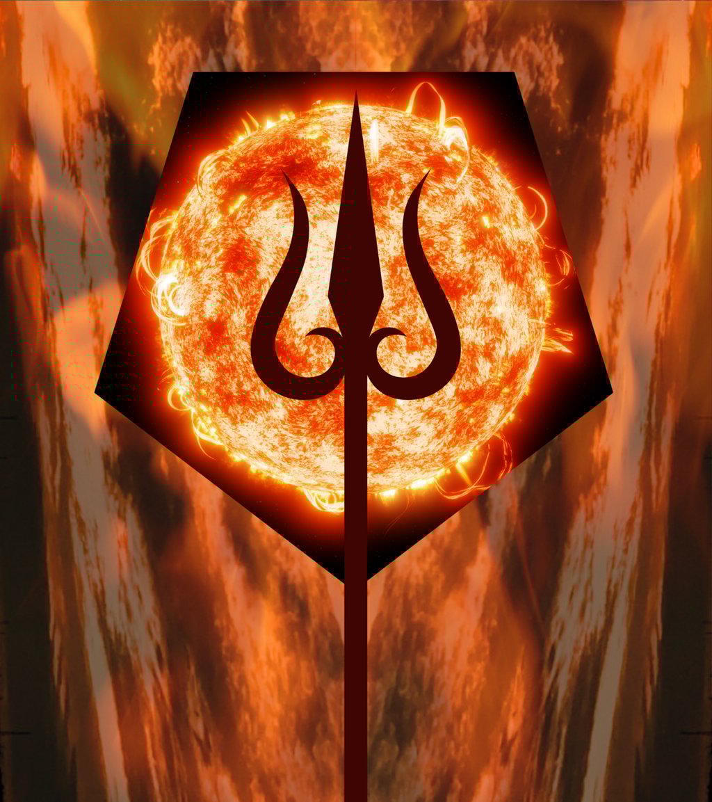 A silhouette of a trident against a glowing sun and fiery orange background.