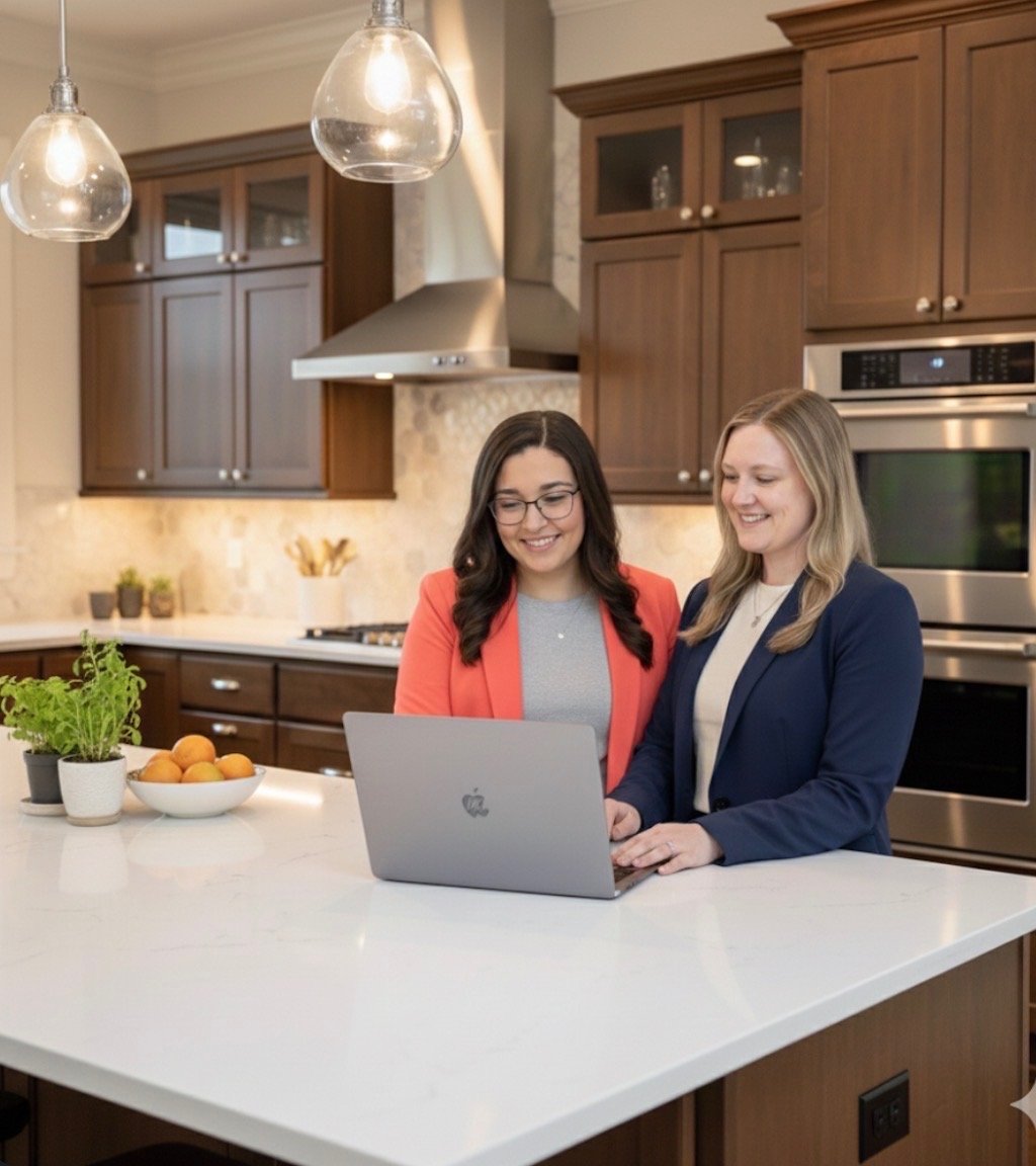 two women standing in front of a laptop computer