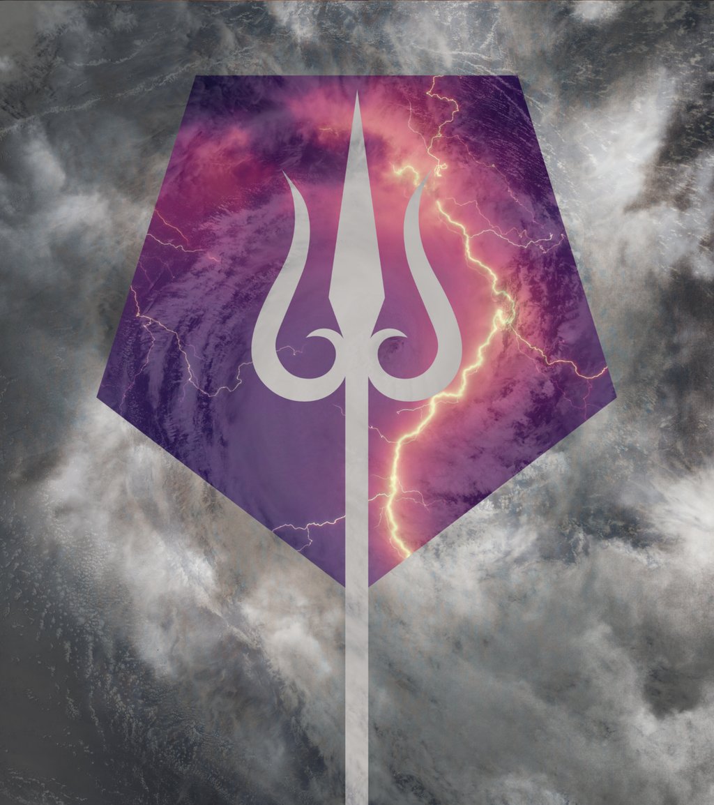 White trident centered over a purple storm clouds background with lightning strikes.