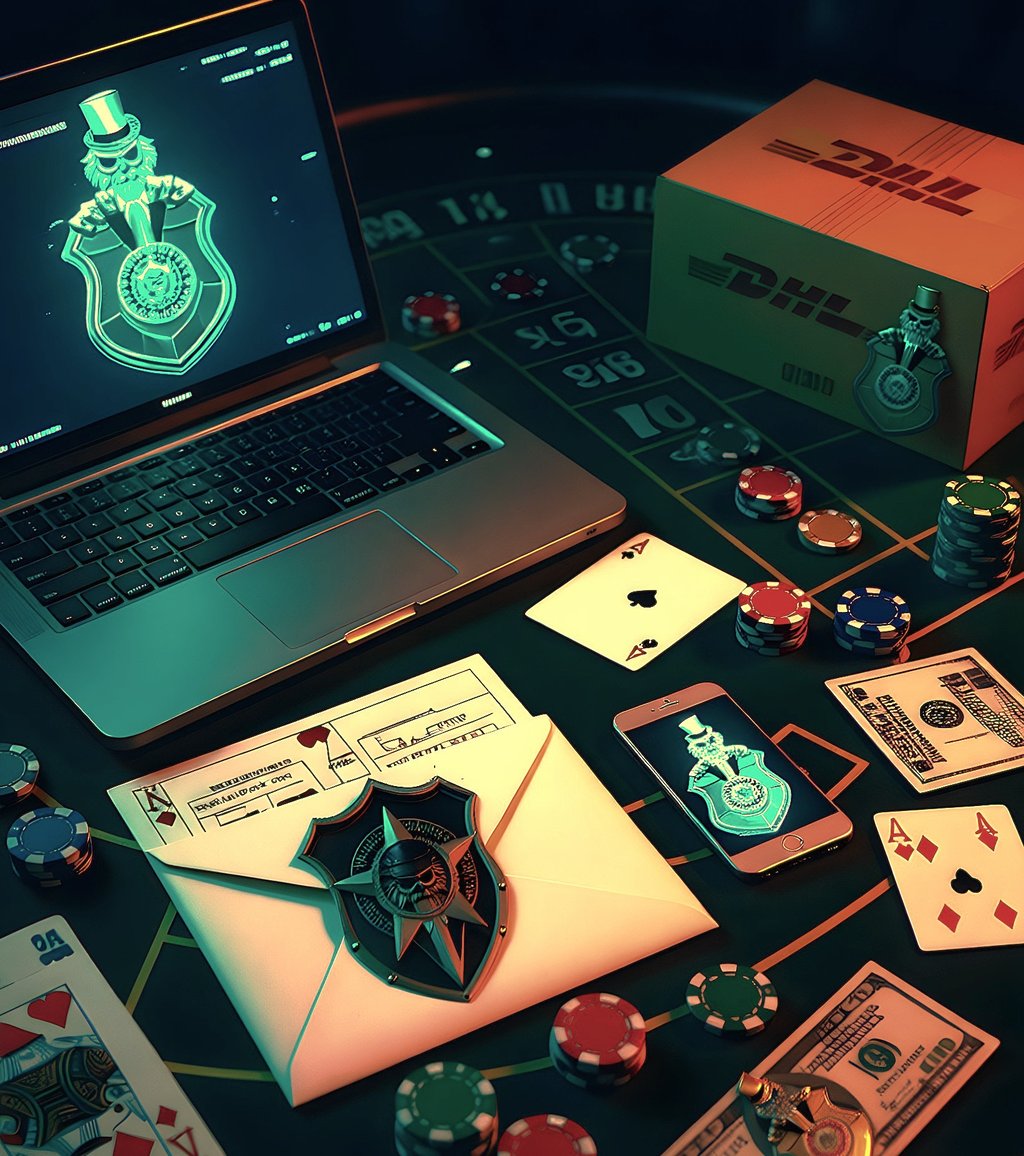 CasinoCop investigation desk with chips, cards, cash and evidence.