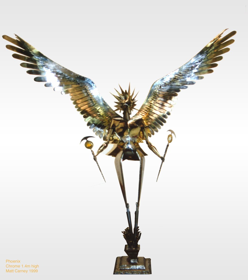 a chrome statue of a phoenix