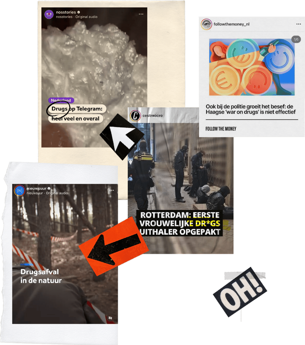 Collage van berichtgeving op social media over drugs met inconsistente censuur