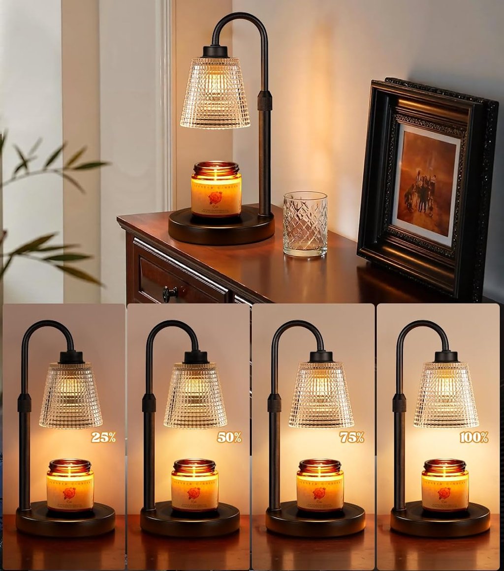 Candle warmer lamp on bedside table in a cozy small bedroom corner.