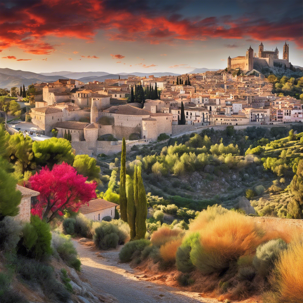 a scenic view of a town with a castle in the background