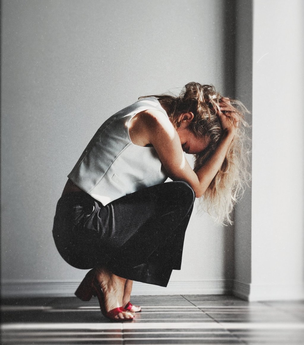 a woman in a white shirt and black pants with disappointment expression