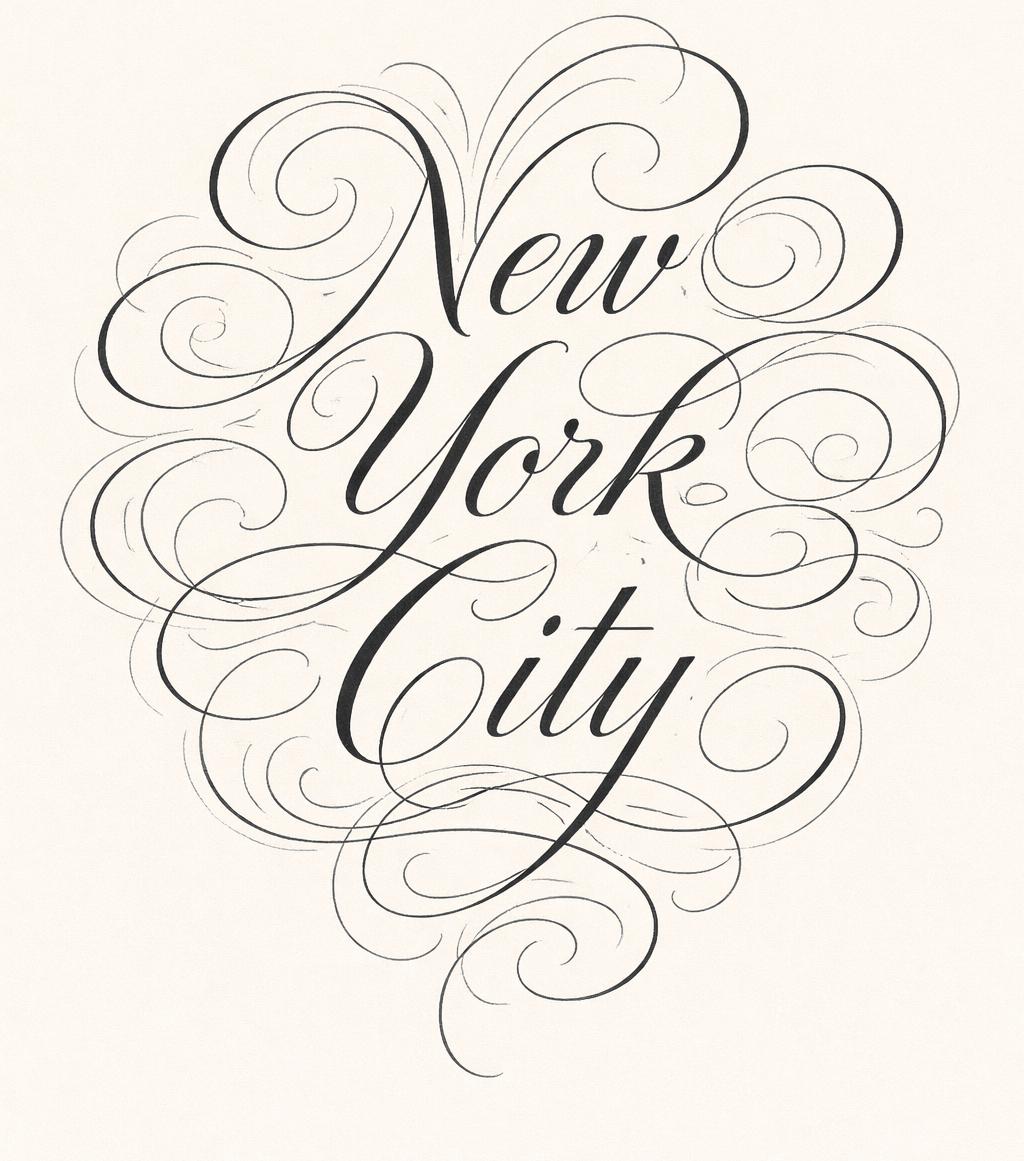 More elegant version of AI-generated flourished calligraphy of New York City