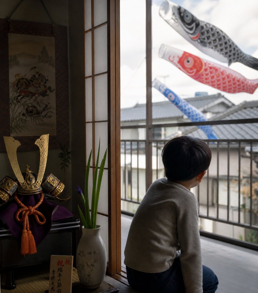 A young boy watches koinobori carp streamers from a Japanese balcony during Children's Day celebrations.