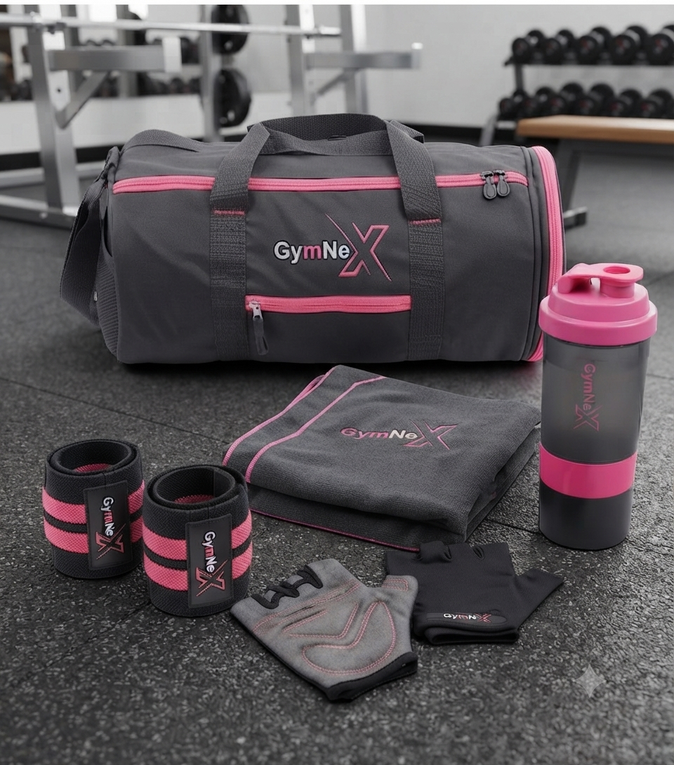 GymNex grey and pink fitness gear set with duffel bag, shaker bottle, towel, and lifting gloves on a gym floor.