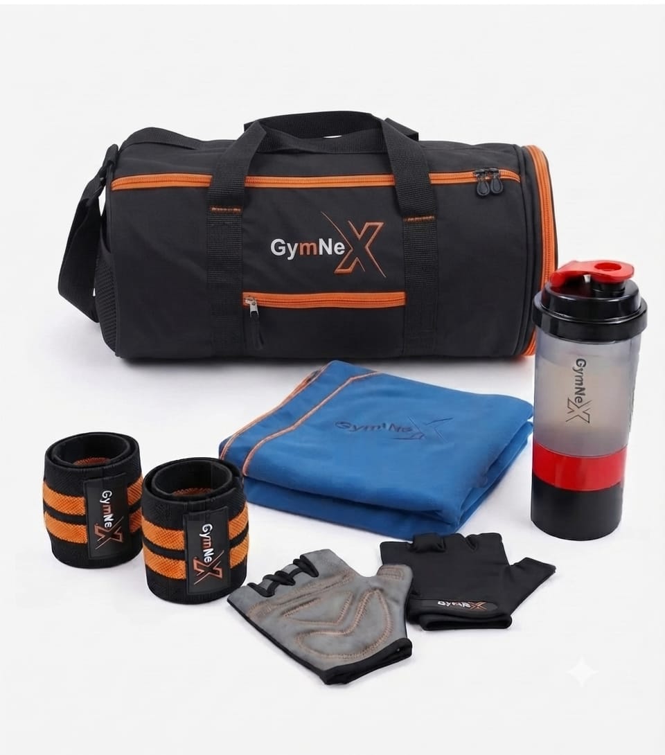 Black and orange gym bag set with workout gloves, wrist wraps, blue towel, and protein shaker bottle.