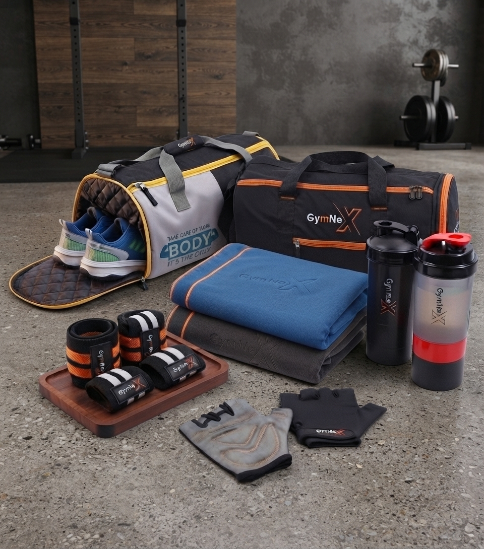 Gym bags, workout gear, protein shakers, and weightlifting accessories arranged on a gym floor.