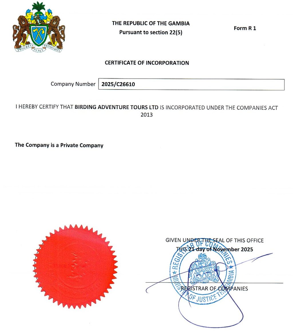 Certificate of Incorporation van Birding Adventure Tours Ltd uitgegeven door de Republiek The Gambia