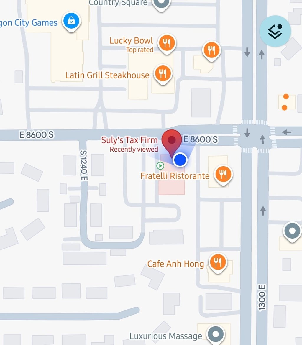 Map showing the location of Suly's Tax Firm in Sandy, UT near 8600 E S and 1300 E