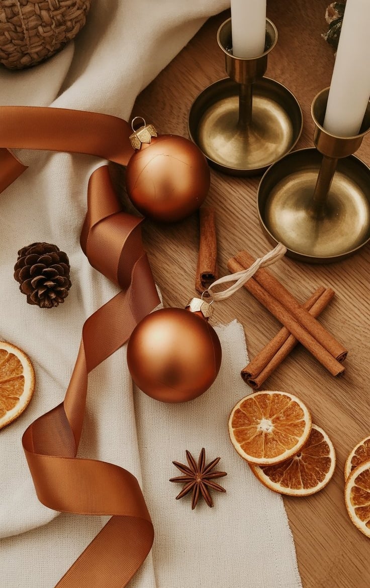 a table with oranges and candles on it