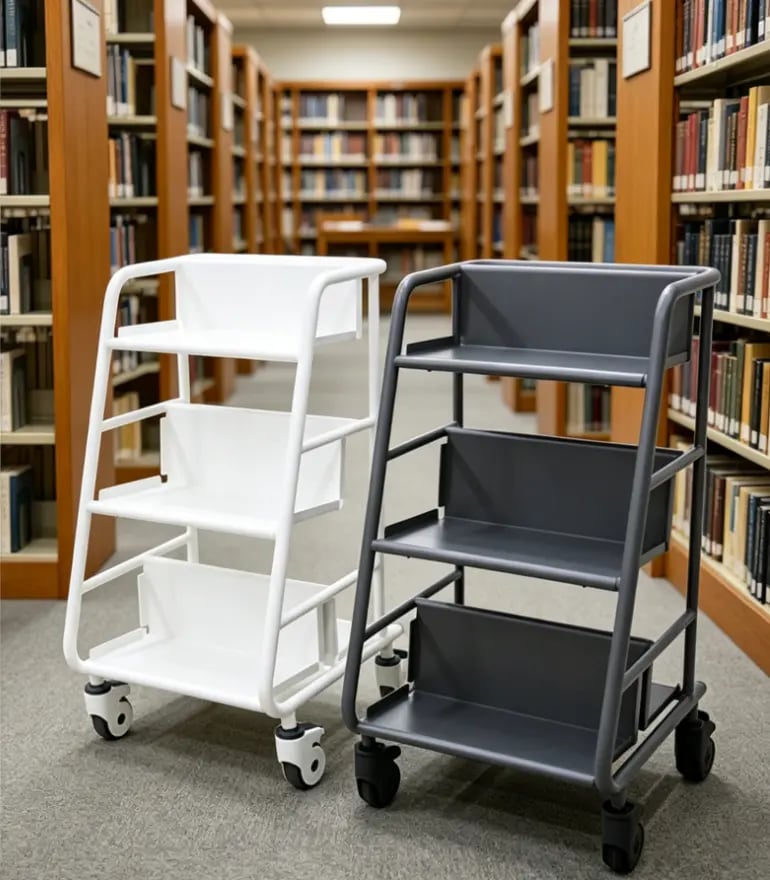 White and charcoal gray metal rolling book carts with three shelves in a library aisle.