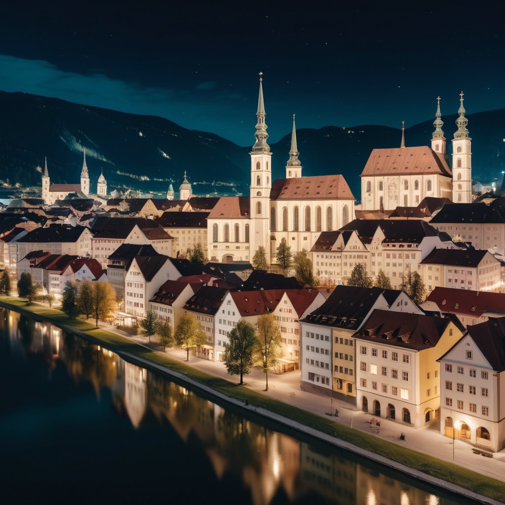 a cityscape of a city with a river and a church
