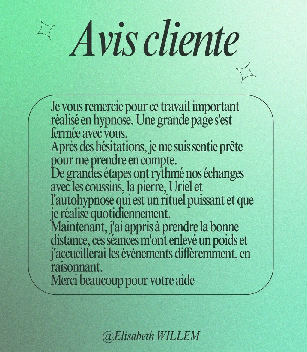 Avis client Elisabeth Willem hypnotherapeute