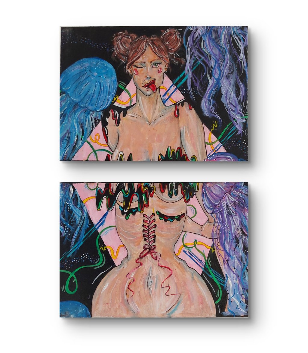 two paintings of a woman with jellyfish, acrylic painting