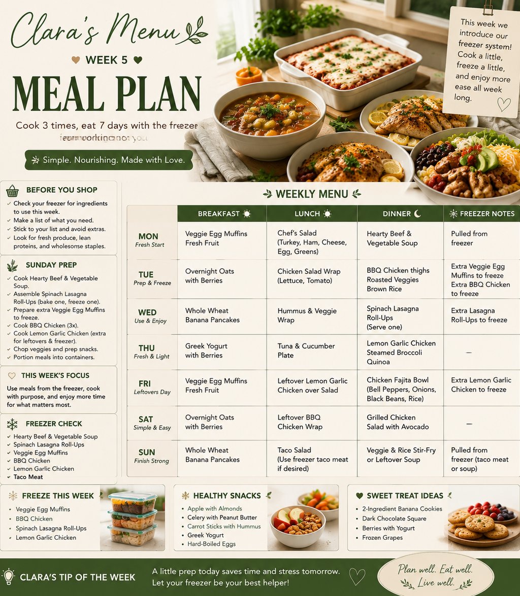 Weekly meal plan template with a grocery list and freezer meal prep guide featuring healthy recipes.