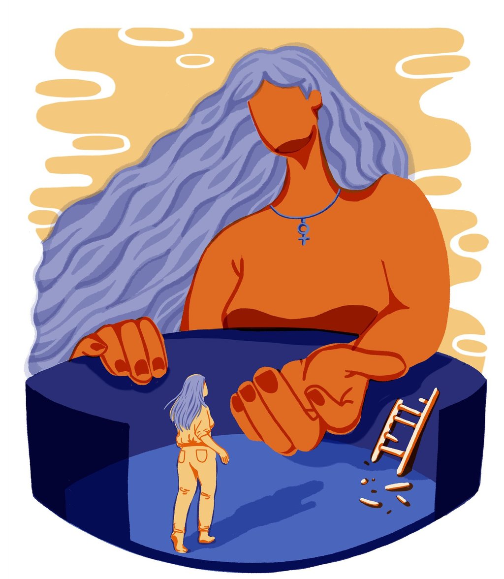 big woman with long hair about to take a small woman out of a cage with a broken ladder