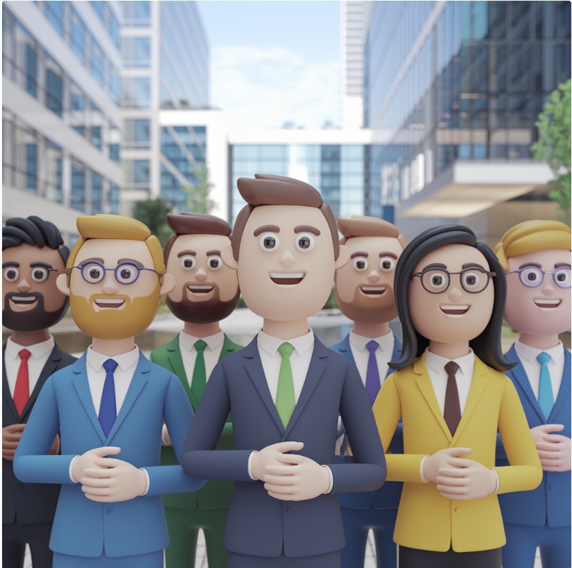 a group of people in suits and ties standing in front of a building