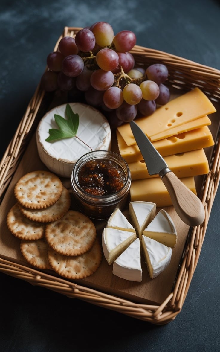 a basket weave basket with cheese and crackers