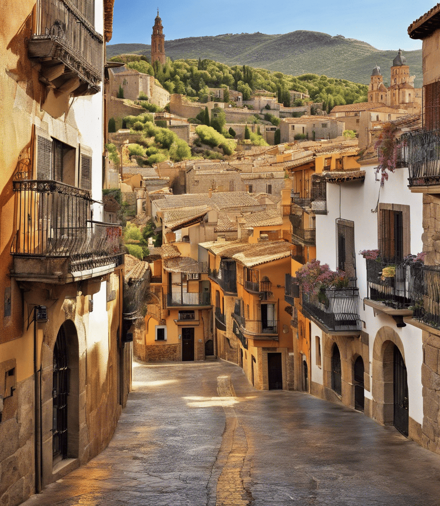 a narrow street with a narrow alley leading to a town