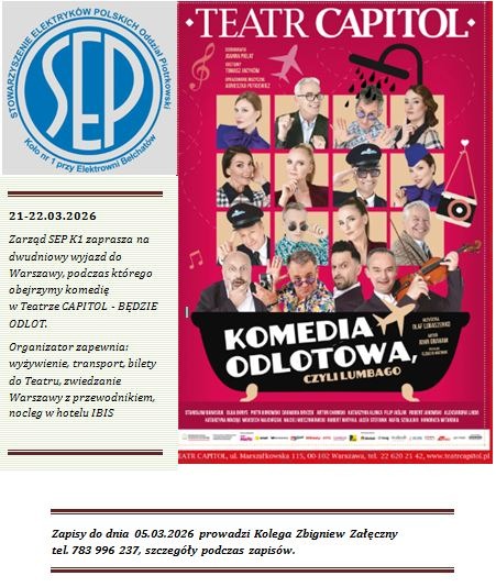Poster for Teatr Capitol play Komedia Odlotowa including trip details by SEP Bełchatów.