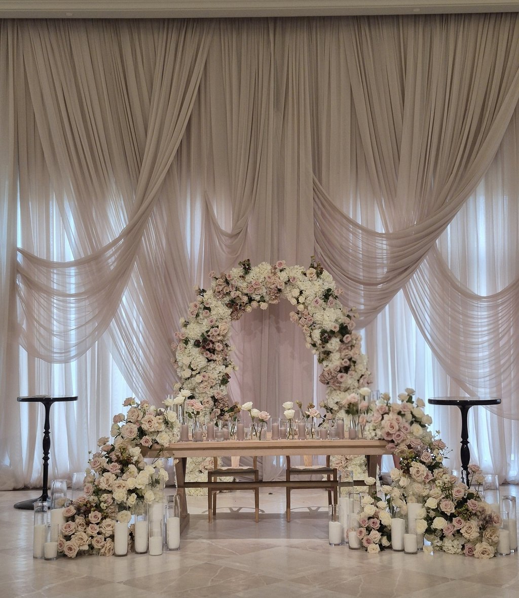 Wedding table decorated with candles and flowers