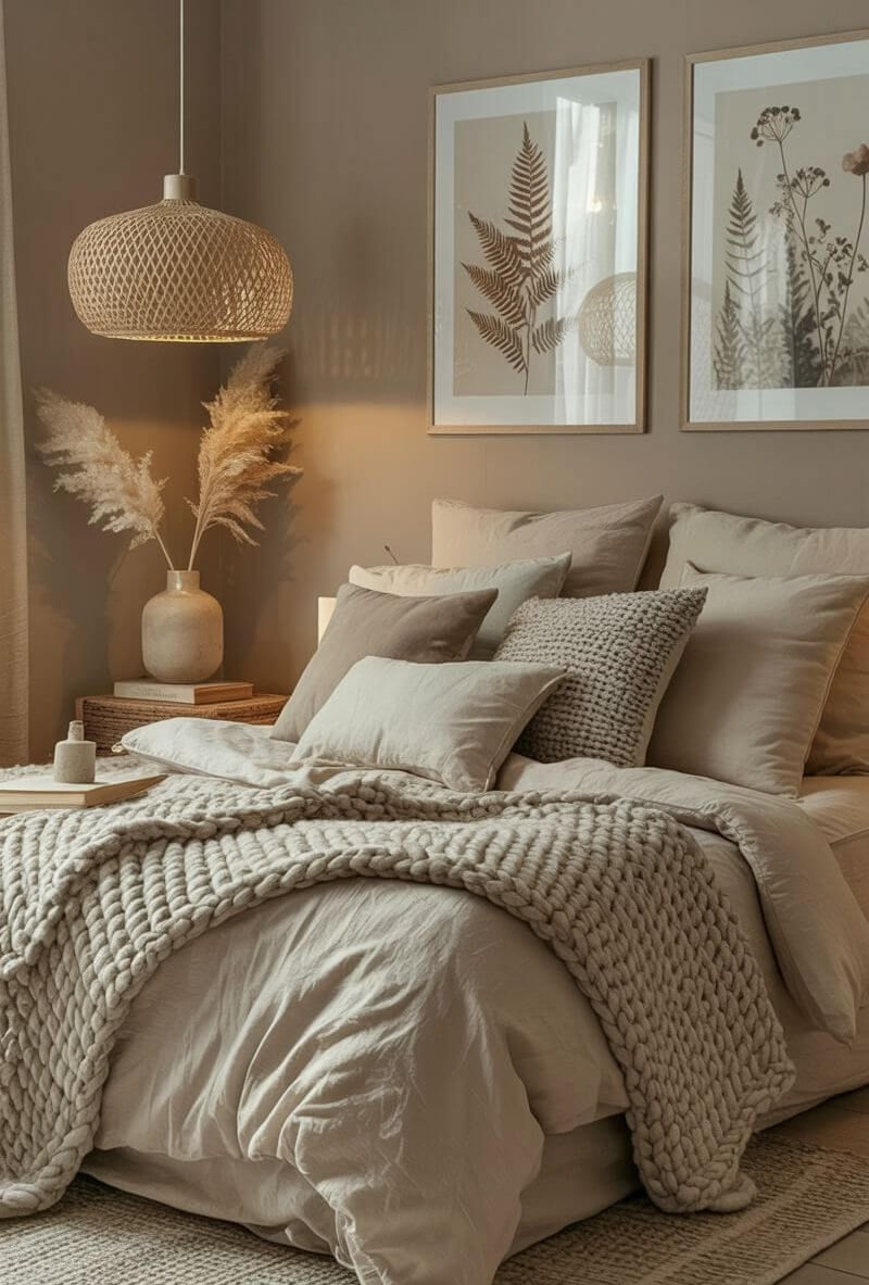 neutral boho bedroom with pampas grass