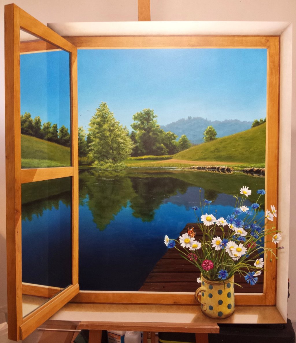 Fenêtre ouverte peinte en trompe-l'oeil, un paysage, un étang et un bouquet de fleurs des champs.