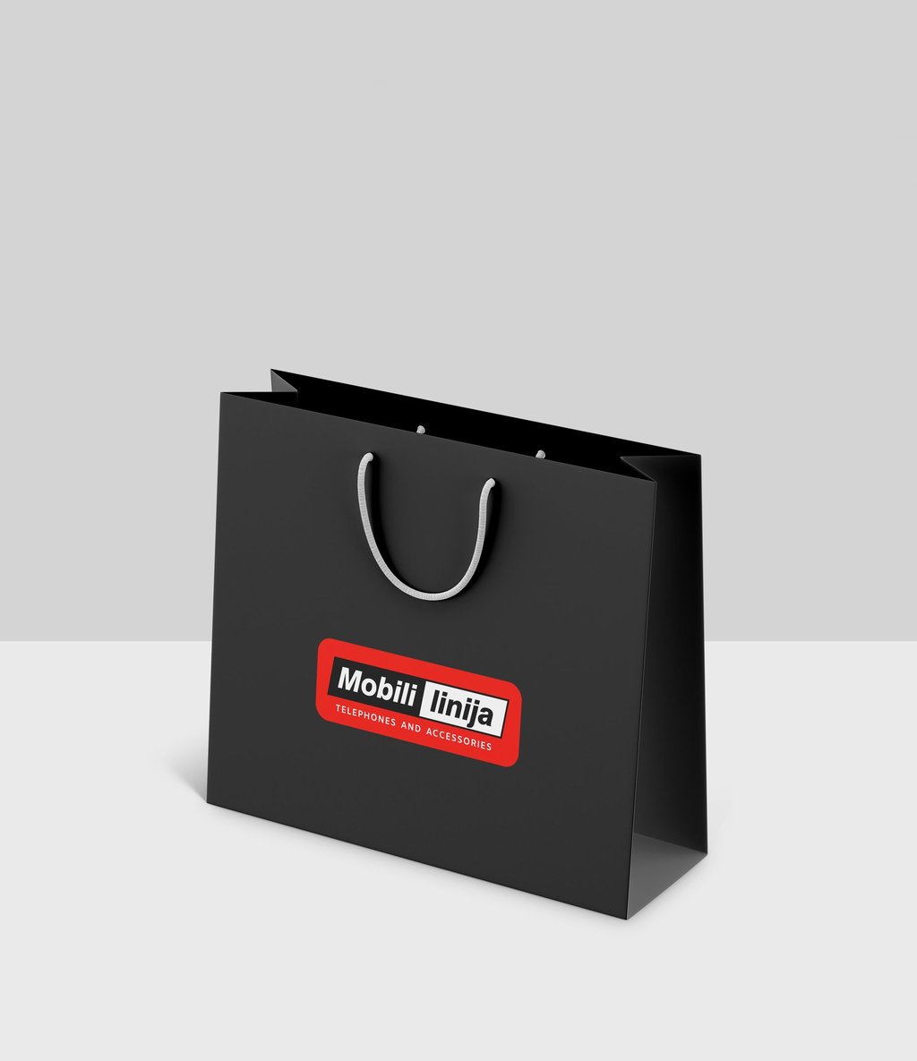 Black custom shopping bag with Mobili Linija logo for phone accessories.