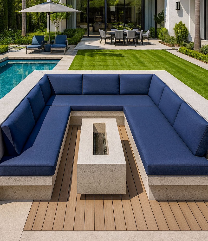 Elegant navy sectional by Solo Home Decor in a luxury backyard with pool, modern fire pit, and lush landscaping.