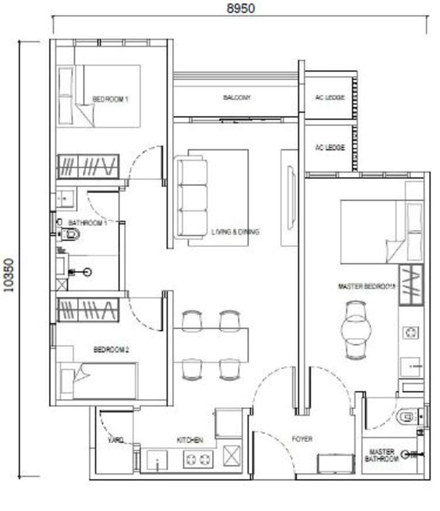 Type F1 layout – 850sf Dual Key apartment with balcony, 3 rooms 2 baths near RTS CIQ