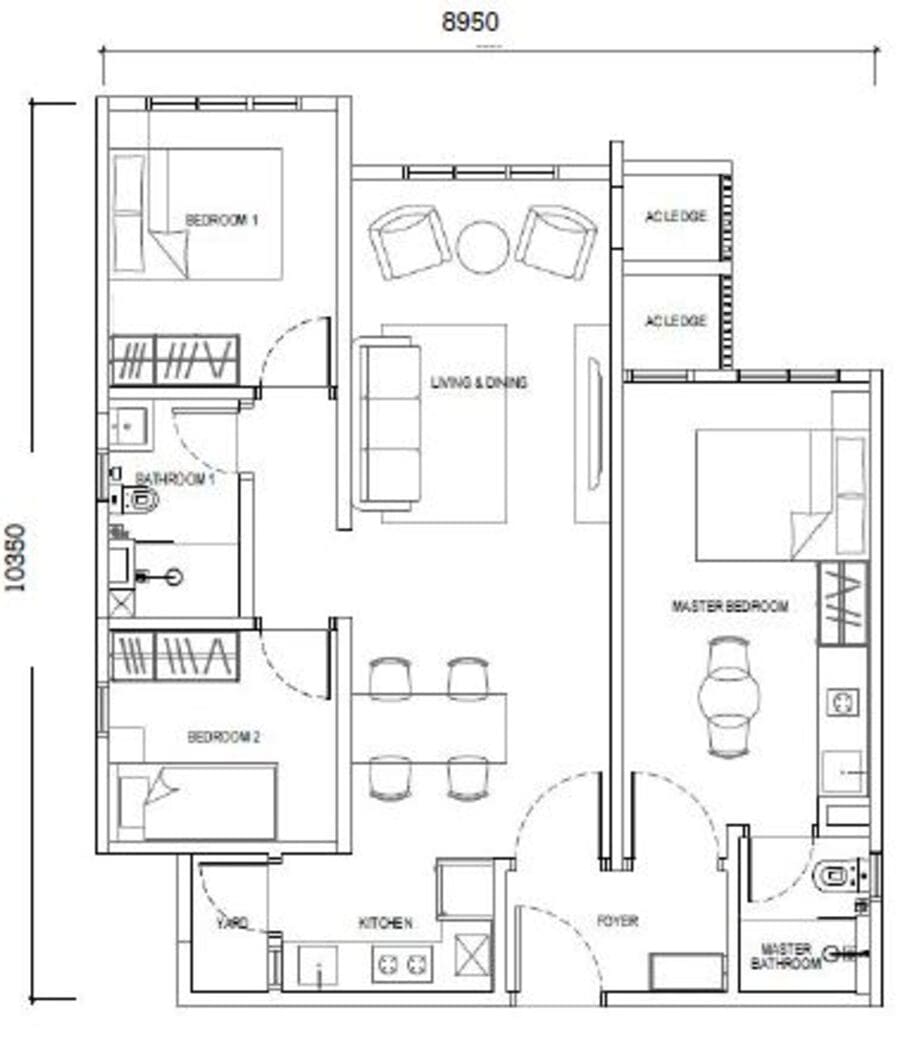 Type F2 layout – 850sf Dual Key apartment without balcony, 3 rooms 2 baths near RTS link
