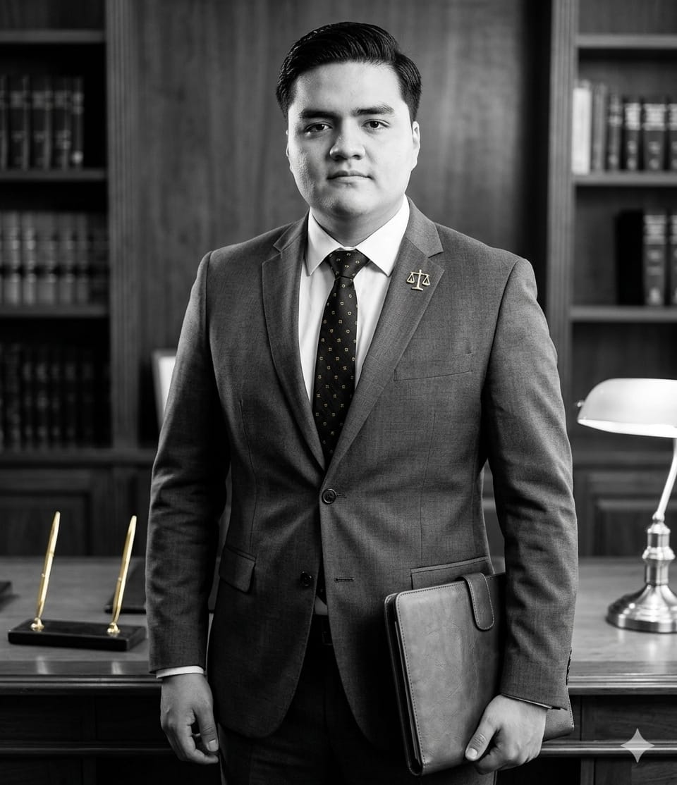 Hombre de pie con saco negro sosteniendo carpeta de cuero en una sala antigua. Imagen blanco y negro.