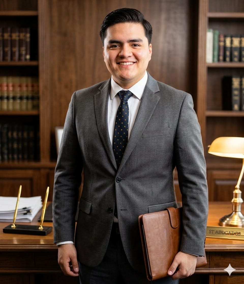 Hombre de pie con saco negro sosteniendo libro en una sala antigua. Imagen a color