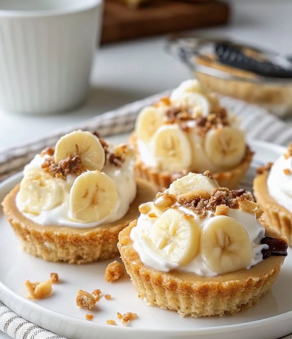 Close-up of No-Bake Mini Banana Cream Pies with whipped cream, banana slices, and chocolate shavings