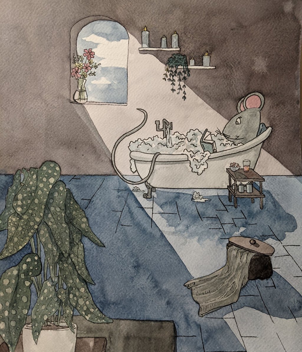 A mouse reads in a bubble bath in a sunbeam
