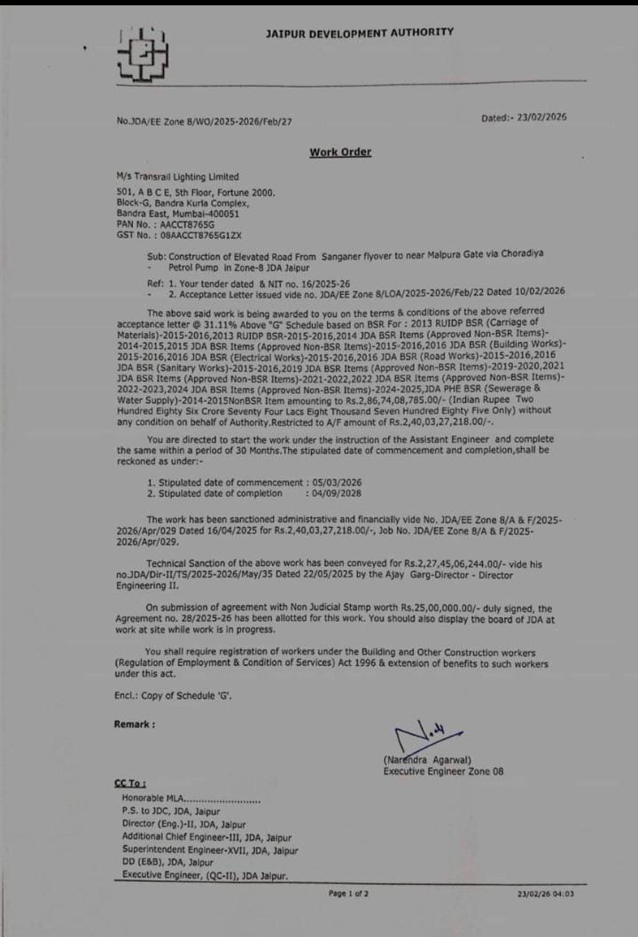 Jaipur’s Traffic Woes to End? JDA Issues ₹286 Crore Work Order for Sanganer Elevated Road