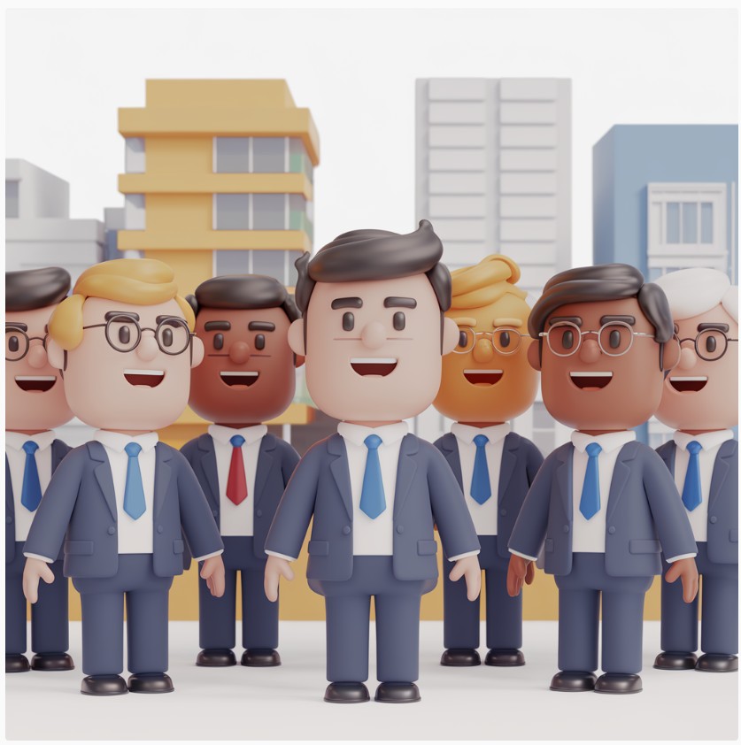 a group of cartoon characters in suits and ties