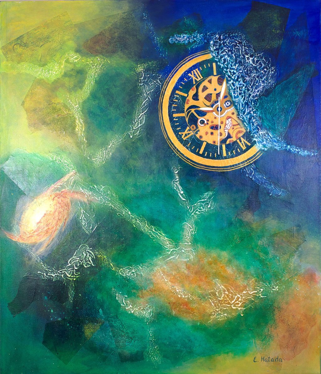 Abstract painting of a clock being eaten by time
