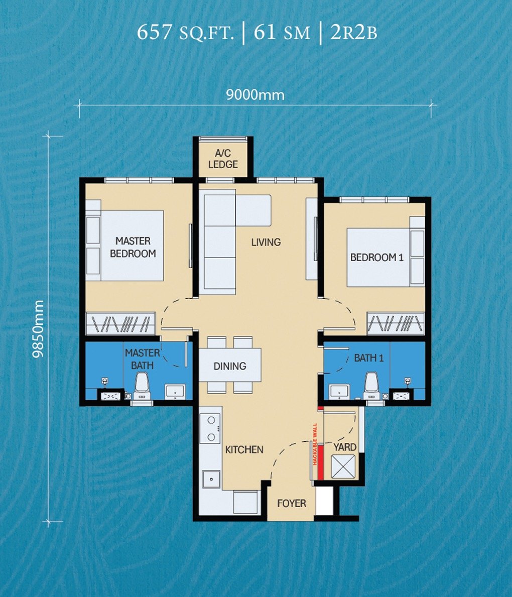 A 2-bedroom floor plan for a 657 sq ft modern apartment layout with master bath and kitchen.