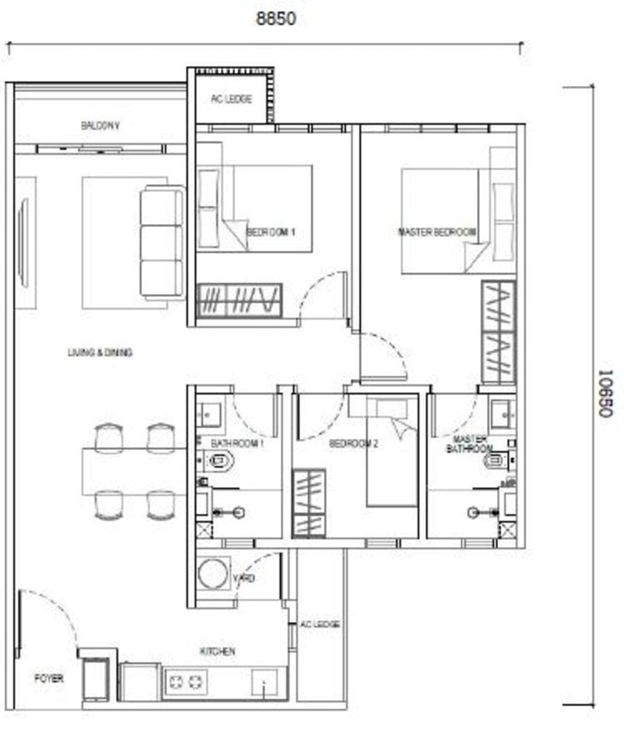 Type E1 layout – 850sf 3-bedroom 2-bathroom apartment with balcony, walk to RTS
