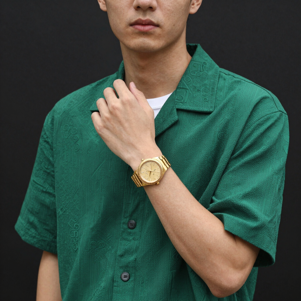 Young man wearing a green printed short-sleeve shirt and a luxury gold watch on a dark background.