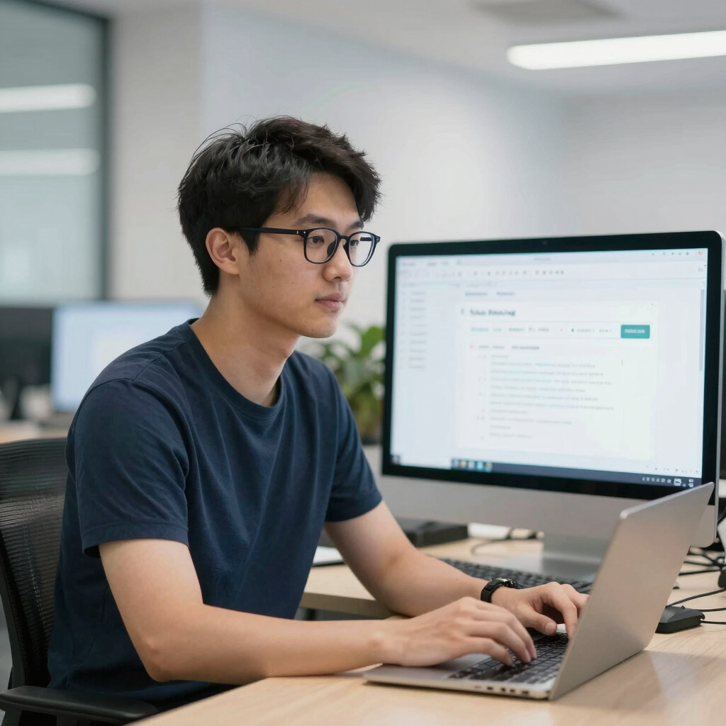 a white robot with blue eyes and a laptop